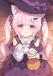  1girl animal_ears blurry blush bow candy cat_ears cat_girl cat_tail chestnut_mouth depth_of_field detached_sleeves food from_above hair_ornament hair_scrunchie halloween hat hat_bow highres holding long_hair looking_at_viewer open_mouth original outstretched_hand pink_hair purple_eyes scrunchie sidelocks skirt solo tail twintails tyakomes variant_set witch_hat 