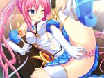  1girl arm_support bare_shoulders blue_eyes blue_skirt breasts cleavage detached_collar detached_sleeves elbow_gloves female_masturbation game_cg gloves groin hair_between_eyes kodama_izayoi koku long_hair lying magical_girl masturbation medium_breasts miniskirt non-web_source off_shoulder on_side open_mouth panties pink_hair pink_panties pussy_juice pussy_juice_trail shirt skirt socks solo stellula_eques straight_hair striped striped_panties thighhighs twintails underwear white_gloves white_shirt white_thighhighs wince 