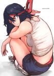  1girl alternate_costume aosora2823 bare_legs belt black_belt black_hair blue_eyes blue_shorts blurry blush breasts closed_mouth commentary denim denim_shorts depth_of_field from_behind from_side full_body highres kill_la_kill knees_to_chest looking_at_viewer looking_back matoi_ryuuko medium_breasts medium_hair midriff multicolored_hair panties panty_peek planted planted_sword red_hair red_panties scissor_blade_(kill_la_kill) shirt shoes short_shorts shorts simple_background sitting sleeveless sleeveless_shirt solo streaked_hair sword twitter_username two-tone_hair underwear v-shaped_eyebrows weapon white_background white_footwear white_shirt 