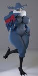  absurd_res anthro beak black_talons blender_(software) blue_body blue_feathers breasts chest_(disambiguation) chest_floof clothing eyes_closed feathered_arms feathered_wings feathers fedora female fingers fur generation_4_pokemon hand_over_breast hand_over_hip hat hat_over_one_eye headgear headwear hi_res honchkrow navel nintendo nipples occamsrazorart on_one_leg pokemon pokemon_(species) raised_leg red_body red_feathers simple_background solo solo_focus standing talons thick_thighs white_background white_body white_fur winged_arms wings yellow_beak 
