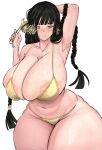  armpits ass bikini black_hair braid breasts gold_bikini highres huge_ass idsk_you large_areolae large_breasts mature_female navel original swimsuit thick_thighs thighs twin_braids yellow_eyes 