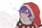  1girl blush doremy_sweet dress hair_between_eyes hat large_hat looking_at_viewer medium_hair minamia23 nightcap open_mouth pom_pom_(clothes) purple_eyes purple_hair red_headwear simple_background solo touhou upper_body white_background 