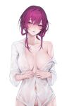  1girl absurdres breasts covered_nipples highres honkai:_star_rail honkai_(series) kafka_(honkai:_star_rail) large_breasts looking_at_viewer naked_shirt off_shoulder partially_unbuttoned purple_eyes purple_hair shirt solo wet wet_clothes wet_shirt white_shirt yamiiv 