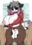  2023 anthro areola areola_outline big_breasts black_body black_fur bottomwear bovid bovine breasts cattle clitoris clothing clothing_aside crotchless_bottomwear crotchless_clothing crotchless_pants ear_piercing empty_eyes female fence fur genitals hi_res holstein_friesian_cattle horn huge_breasts kemono mammal nipple_slip nipples pants piercing plant pussy red_clothing red_shirt red_topwear shirt simple_background slightly_chubby smile snow_angel_(artist) solo tied_clothing topwear underwear underwear_aside white_body white_fur 