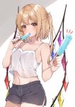 1girl absurdres artist_name black_shorts blonde_hair blush breasts camisole collarbone crystal dolphin_shorts eating flandre_scarlet food food_in_mouth haruki_(colorful_macaron) highres holding holding_food holding_popsicle ice_cream long_hair looking_at_viewer navel one_side_up orange_eyes popsicle popsicle_in_mouth popsicle_stick short_shorts shorts side_ponytail small_breasts solo sweat touhou white_camisole wings 