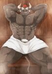  2_horns abs anthro biceps bodily_fluids bovid bovine cattle fu_ren_chi gyumao hi_res horn lifewonders male mammal muscular muscular_anthro muscular_male nipples pecs sauna solo sweat tail tokyo_afterschool_summoners towel towel_only 