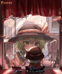  1girl absurdres artist_name black_headwear collared_shirt frilled_shirt_collar frilled_sleeves frills fumo_(doll) green_eyes green_hair hair_between_eyes hat hat_ribbon heart heart_of_string highres komeiji_koishi long_sleeves ribbon shirt short_hair solo top-exerou touhou wide_sleeves yellow_ribbon yellow_shirt 