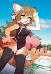  2023 anthro blush breasts camel_toe clothed clothing crayon_(artist) cute_fangs digital_media_(artwork) felid female female_anthro fur hair hi_res hybrid inflatable inner_tube kemono legwear long_hair mammal multicolored_body multicolored_fur multicolored_hair one-piece_swimsuit open_mouth pantherine solo swimwear tail thigh_highs tiger tongue 