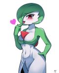  1girl absurdres artist_name blush bob_cut breasts cleavage collarbone colored_skin commentary_request cowboy_shot english_commentary finger_to_mouth gardevoir green_hair green_skin hair_over_one_eye hand_on_hip hand_to_own_mouth hand_up happy heart highres imnotpostit korean_commentary large_breasts looking_at_viewer mixed-language_commentary multicolored_skin navel one_eye_covered open_mouth pokemon pokemon_(creature) red_eyes short_hair signature simple_background smile solo standing tongue tongue_out two-tone_skin white_background white_skin 