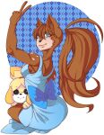  absurd_res animal_crossing anthro blue_background blue_clothing blue_dress blue_eyes bow_ribbon brown_body brown_fur clothing deer dress female fur gesture hair hi_res isabelle_(animal_crossing) looking_at_viewer mammal markings nidea_(akubon) nintendo plushie ponytail rear_view simple_background solo tan_markings unknown_artist v_sign waist_bow 