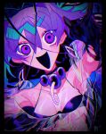  1girl abnormality_dancin&#039;_girl_(vocaloid) antenna_hair black_background black_bra black_gloves bra breasts cleavage crazy_smile flower_(vocaloid) gloves highres himanemuitoma messy_hair open_mouth purple_eyes purple_hair purple_theme see-through smile underwear vocaloid 