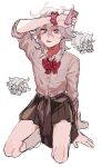  1boy arm_up bow bowtie brown_skirt chibi collared_shirt crossdressing danganronpa_(series) danganronpa_2:_goodbye_despair dress_shirt grey_hair grey_shirt hair_between_eyes highres kneeling komaeda_nagito male_focus messy_hair miniskirt monigechan multiple_views plaid plaid_bow plaid_bowtie pleated_skirt red_bow red_bowtie shirt simple_background skirt white_background 