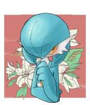  1girl alternate_color averting_eyes blue_hair blue_skin blush bob_cut border colored_skin commentary_request ear_blush flat_chest floral_background flower gardevoir hair_over_one_eye hand_to_own_mouth hand_up highres looking_to_the_side multicolored_skin one_eye_covered outside_border partial_commentary pochi_(01_01pochi) pokemon pokemon_(creature) red_background shiny_pokemon short_hair shy solo two-tone_skin white_border white_flower white_skin yellow_eyes 