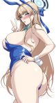  animal_ears aqua_bow aqua_bowtie ass bare_arms bare_shoulders blonde_hair blue_archive blue_eyes blue_hairband blue_leotard blush bow bowtie breasts commentary detached_collar english_commentary fake_animal_ears fake_tail hairband halo hand_up hella_p highres large_breasts leotard long_hair looking_at_viewer parted_lips playboy_bunny rabbit_ears rabbit_tail simple_background solo tail thighs toki_(blue_archive) toki_(bunny)_(blue_archive) v white_background wrist_cuffs 