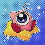 blue_eyes byackopath_(artist) commentary fusion kirby kirby_(series) one-eyed patterned_background sitting solo waddle_doo warp_star 