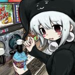  1girl black_headwear black_shirt bubbacterial cup from_side hands_up highres holding holding_cup long_sleeves looking_at_viewer mayura open_mouth red_eyes shirt sidelocks smile soda_fountain solo turtleneck ukagaka upper_body white_hair 