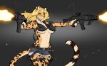  2023 5_fingers anthro armor black_background black_spots blonde_hair blue_eyes bottomwear breasts cheetah clothing exposure_variation felid feline female fingers firing_weapon fur gun hair holding_gun holding_object holding_weapon leg_holster lena_fluffy_(character) mammal medium_breasts muzzle_flash ni70 ranged_weapon shorts simple_background solo spent_casing spots spotted_body spotted_fur standing unconvincing_armor under_boob weapon yellow_body yellow_fur 