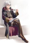  1boy ameno_(a_meno0) book boots brown_eyes coat crossed_legs cup eyes_of_grima fire_emblem fire_emblem_awakening holding holding_cup long_sleeves pants reading robin_(fire_emblem) robin_(male)_(fire_emblem) short_hair sitting solo steam white_hair 