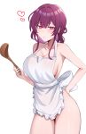  1girl absurdres apron bare_arms bare_shoulders blush breasts commentary_request cowboy_shot heart highres holding honkai:_star_rail honkai_(series) kafka_(honkai:_star_rail) kisa_(leg3043) korean_commentary ladle large_breasts long_hair looking_at_viewer naked_apron purple_eyes purple_hair smile solo standing thighs white_apron 