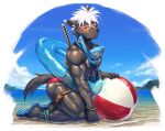  abs anthro ball beach beach_ball biceps black_body black_fur canid canine canis clothing domestic_dog eyewear footwear fur goggles hair inflatable kuron lifewonders male mammal muscular muscular_anthro muscular_male pecs sandals scar seaside snorkel solo speedo swim_ring swimwear tadatomo tokyo_afterschool_summoners white_hair 