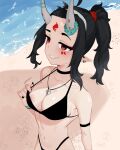  1girl ameiarts artist_name bikini black_bikini black_choker black_hair black_nails breasts choker highres horns jewelry long_hair looking_at_viewer necklace oni oni_horns original piercing ponytail pulled_by_self red_eyes sand smile solo swimsuit water watermark 