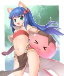  1girl :3 :d animal_ear_fluff animal_ears ass_visible_through_thighs bangs bikini bikini_top_only blue_eyes blue_hair blush bow brown_gloves brown_skirt cat_ears commentary_request elbow_gloves emurin feet_out_of_frame flat_chest gloves hair_bow highres long_hair looking_at_viewer mage_(ragnarok_online) majiko_(emurin) midriff navel open_mouth pelvic_curtain poring ragnarok_online red_bikini red_bow red_skirt showgirl_skirt skirt slime_(creature) smile swimsuit 