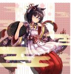  1girl alternate_costume animal_ears apron asa_no_ha_(pattern) black_hair black_kimono blue_eyes blush bob_cut closed_mouth egasumi eishin_flash_(umamusume) floral_print frown hair_between_eyes hair_ornament hakama highres holding holding_tray horse_ears japanese_clothes kimono long_sleeves looking_to_the_side maid maid_apron maid_headdress print_kimono red_hakama sakuramon seigaiha shippou_(pattern) short_hair simple_background solo standing sweatdrop tassel tray tsetainsu umamusume wa_maid wavy_mouth white_apron wide_sleeves 