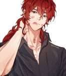 1boy artist_name asterrales black_shirt closed_mouth collarbone collared_shirt diluc_(genshin_impact) genshin_impact hair_between_eyes hand_up highres lipstick_mark long_hair long_sleeves looking_to_the_side male_focus ponytail red_eyes red_hair shirt simple_background solo upper_body white_background 