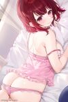 1girl arima_kana ass bare_shoulders blush breasts closed_mouth commentary_request curtains from_behind highres large_breasts looking_at_viewer looking_back lying machi_(7769) on_stomach oshi_no_ko panties patreon_username pink_panties red_eyes red_hair shiny_skin short_hair smile solo underwear 