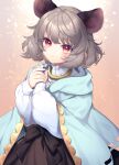  1girl animal_ears black_bow black_skirt blue_cape bow cape grey_hair highres long_sleeves looking_at_viewer mouse_ears mouse_girl nazrin red_eyes shirt short_hair skirt smile solo tomobe_kinuko touhou white_shirt 