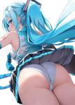  1girl aqua_eyes aqua_hair aqua_necktie ass backboob bare_shoulders blush breasts closed_mouth clothes_lift collared_shirt cowboy_shot floating_hair from_behind from_below good_ass_day hatsune_miku highres lace-trimmed_panties lace-trimmed_shirt lace_trim long_hair looking_at_viewer looking_back medium_breasts miniskirt necktie panties pleated_skirt profile shirt simple_background skirt skirt_lift solo takepon1123 twintails underwear very_long_hair vocaloid white_background white_panties wind wind_lift 