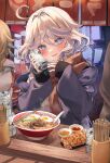  1other 2girls absurdres blush can chopsticks dasha dumpling food furina_(genshin_impact) genshin_impact highres holding holding_can jiaozi multiple_girls noodles ramen sitting 