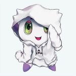  1other culumon digimon digimon_(creature) full_body green_eyes hood hoodie kira_(kira_dra) looking_at_viewer no_humans open_mouth simple_background smile solo white_background white_hoodie 