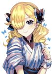  1girl black_bow blonde_hair blue_eyes bow fire_emblem fire_emblem_engage hair_bow hair_over_one_eye hand_up highres japanese_clothes kimono leon0630claude looking_at_viewer madeline_(fire_emblem) medium_hair no_headwear short_hair simple_background smile solo striped striped_kimono upper_body white_background wrist_cuffs 