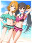  2girls :d arm_behind_head armpits bare_legs beach bikini blonde_hair blue_bikini blue_nails blue_sky border breasts brown_eyes brown_hair cleavage collarbone day grin hand_on_another&#039;s_hip hand_on_own_hip haua highres idolmaster idolmaster_cinderella_girls long_hair looking_at_viewer matoba_risa multiple_girls nail_polish navel ocean outdoors outside_border pink_bikini polka_dot polka_dot_bikini print_bikini side-tie_bikini_bottom sky small_breasts smile standing swimsuit twintails very_long_hair white_border yellow_eyes yuuki_haru 