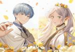  1boy 1girl antweiyi blue_eyes blue_hair blush cloak earrings falling_petals field flower flower_field frieren green_eyes grey_hair hair_flower hair_ornament head_wreath highres himmel_(sousou_no_frieren) jewelry long_hair mole mole_under_eye parted_lips petals pointy_ears short_hair signature smile sousou_no_frieren surprised upper_body waving white_cloak white_flower wide-eyed yellow_flower 