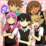  2girls 4boys aubrey_(faraway)_(omori) aubrey_(omori) basil_(faraway)_(omori) basil_(omori) black_eyes black_hair black_sweater_vest blonde_hair blue_eyes blush bright_pupils brown_hair closed_eyes closed_mouth collared_shirt colored_skin cosplay crossed_arms dark-skinned_male dark_skin double_v flower hair_flower hair_ornament hero_(faraway)_(omori) hero_(omori) kel_(faraway)_(omori) kel_(omori) looking_at_another mari_(headspace)_(omori) mari_(omori) miya_(baelfight) multiple_boys multiple_girls neckerchief omori open_mouth parted_lips pink_hair pleated_skirt purple_hair red_neckerchief red_skirt shirt short_hair short_sleeves skirt smile spoilers sunny_(omori) sunny_(omori)_(cosplay) sweater_vest twitter_username v white_pupils white_shirt white_skin 