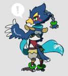  ! 1boy animal_feet anklet beak bird_boy bird_tail blue_fur blue_hair blue_scarf blush_stickers body_fur braid braided_ponytail chibi claws commentary_request from_behind full_body furry furry_male green_eyes grey_background grey_fur hand_up jewelry leg_warmers looking_at_viewer looking_back male_focus medium_hair multicolored_fur open_mouth partial_commentary revali rito scarf shoulder_pads simple_background sketch solo speech_bubble spoken_exclamation_mark standing tail the_legend_of_zelda the_legend_of_zelda:_breath_of_the_wild ukata white_fur winged_arms wings 