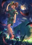  1girl blurry blurry_foreground brown_hair commentary_request from_below grass green_shirt green_shorts hand_up holding holding_mask juliana_(pokemon) knees mask moon night ogerpon outdoors pokemon pokemon_(creature) pokemon_(game) pokemon_sv sandals shirt short_sleeves shorts sky standing watermark yellow_eyes yomogi_(black-elf) 