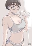  1girl absurdres bottle brand_name_imitation breasts brown_eyes brown_hair cleavage dated glasses hadashi_no_kenji highres holding holding_bottle indoors looking_at_viewer navel original semi-rimless_eyewear short_hair solo sports_bra standing sweat water_bottle 