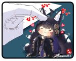  1boy 1girl :3 ahoge animal_ear_fluff animal_ears azur_lane bangs black_hair blunt_bangs blush breasts cleavage commander_(azur_lane) commentary_request detached_sleeves facial_tattoo fox_ears fox_girl fox_tail fur-trimmed_kimono fur_trim gloves hair_ornament headpat heart japanese_clothes jewelry kimono kyuubi long_hair long_sleeves looking_at_viewer magatama magatama_necklace military military_uniform minigirl multiple_tails musashi_(azur_lane) naval_uniform necklace out_of_frame sidelocks signature size_difference standing strapless_kimono tail taisa_(kari) tattoo twitter_username uniform white_gloves wide_sleeves 
