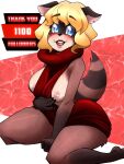  anthro areola big_breasts black_nails blonde_hair blue_eyes blush blush_lines breasts brown_body brown_fur clothing colored_nails dipstick_limbs eyebrow_through_hair eyebrows eyelashes female fur hair hi_res huge_breasts kneeling lipstick looking_at_viewer makeup mammal markings meme meme_clothing nails nipple_piercing nipples open_mouth piercing pink_areola pink_background pink_nipples presenting presenting_breasts procyonid raccoon raccoon_sama red_clothing red_lipstick red_sweater red_topwear short_hair simple_background solo striped_markings striped_tail stripes sweater tail tail_markings tan_body tan_fur text thick_thighs topwear translucent translucent_hair virgin_killer_sweater white_background wide_hips 