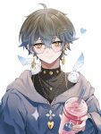  1boy absurdres anqing black_sweater drink drinking_straw earrings glasses grey_hair grey_hoodie heart highres holding holding_drink hood hoodie ike_eveland incoming_drink jewelry looking_at_viewer necklace nijisanji nijisanji_en short_hair smile solo sweater upper_body virtual_youtuber white_background yellow_eyes 