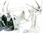  1boy absurdres aldrich_devourer_of_gods bone dark_souls_(series) dark_souls_iii dark_sun_gwyndolin facing_ahead fingernails from_side helmet highres long_hair male_focus monster open_mouth profile sharp_fingernails skinny solo sweat white_background zunkome 