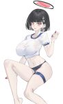 1girl absurdres alternate_hair_length alternate_hairstyle black_hair blue_archive blue_eyes blunt_bangs bright_pupils echj hair_ornament hairclip halo highres knee_up nail_polish red_eyes rio_(blue_archive) shirt thigh_strap wet wet_clothes wet_shirt white_shirt 
