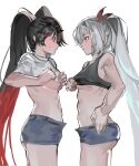  2girls abs alpha_(punishing:_gray_raven) bare_arms bare_legs black_hair black_tank_top blue_eyes bow clothes_lift colored_inner_hair fake_horns grey_hair grey_shorts hair_bow highres horns long_hair lucia:_crimson_weave_(punishing:_gray_raven) lucia:_plume_(punishing:_gray_raven) lucia_(punishing:_gray_raven) multicolored_hair multiple_girls ponytail punishing:_gray_raven red_bow red_eyes red_hair shirt shirt_lift short_shorts short_sleeves shorts sidelocks small_horns sweatdrop tank_top twintails very_long_hair white_background white_shirt yongsadragon 