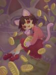  1girl :3 animal_ears animal_hands black_eyes brown_hair cat_ears cat_girl cat_paws cat_tail coin colored_sclera commentary_request falling_money fang from_side full_body gold head_tilt highres holding holding_coin koban_(gold) long_sleeves looking_at_viewer looking_to_the_side madotsuki maneki-neko mary_janes niwasakino_daei open_mouth pink_sweater purple_background red_footwear red_sclera red_skirt shoes short_hair signature skirt smile socks solo sweater tail turtleneck turtleneck_sweater white_socks yume_nikki 