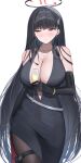  1girl black_dress black_hair blue_archive blunt_bangs blush breasts cleavage collarbone dress hair_ornament hairclip halo highres jewelry large_breasts long_hair necklace pantyhose red_eyes rio_(blue_archive) shougun_(chuckni1) sleeveless sleeveless_dress solo very_long_hair 