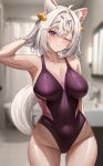  1girl abpart absurdres animal_ears bare_arms bare_shoulders bathroom blurry blurry_background blush breasts cleavage closed_mouth collarbone cowboy_shot filian_(vtuber) hair_ornament highres indie_virtual_youtuber indoors large_breasts leotard one_eye_closed purple_eyes purple_leotard sleeveless smile solo tail thighs virtual_youtuber white_hair 