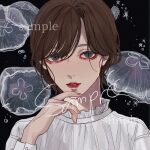 1girl black_background brown_hair commission fingernails frilled_shirt_collar frills grey_eyes hair_over_one_eye hand_up highres jellyfish kagoya1219 long_bangs long_sleeves looking_at_viewer original parted_bangs parted_lips portrait shirt short_hair solo white_shirt 
